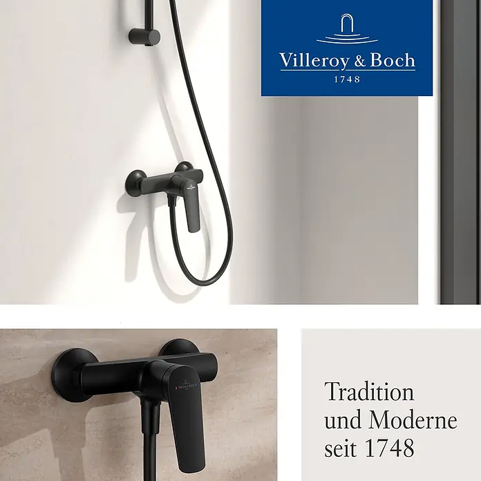 Villeroy & Boch Duschsystem - Anzahl Strahlarten: 3 Stk., Matt Black - Schwarze Duscharmatur mit Brauseschlauch an heller Wand.