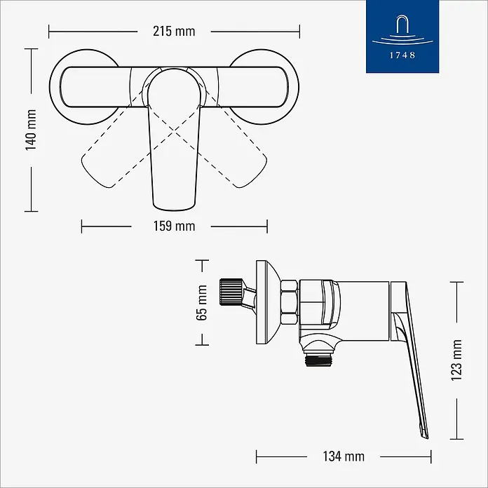 Villeroy & Boch Duschsystem - Anzahl Strahlarten: 3 Stk., Chrom - Technische Zeichnung einer wandmontierten Einhebelmischbatterie mit Maßen.