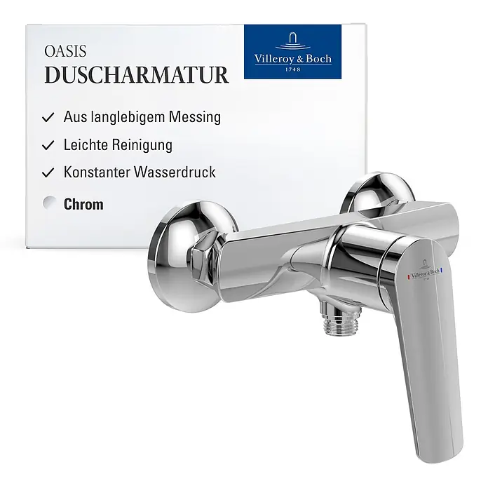 Villeroy & Boch Duschsystem - Anzahl Strahlarten: 3 Stk., Chrom - Glänzende Chrom-Duscharmatur mit Einhebelmischer und Villeroy & Boch-Logo.
