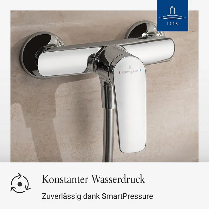 Villeroy & Boch Duschsystem - Anzahl Strahlarten: 3 Stk., Chrom - Verchromte Villeroy & Boch Duscharmatur, wandmontiert. Mit Einhebelmischer.