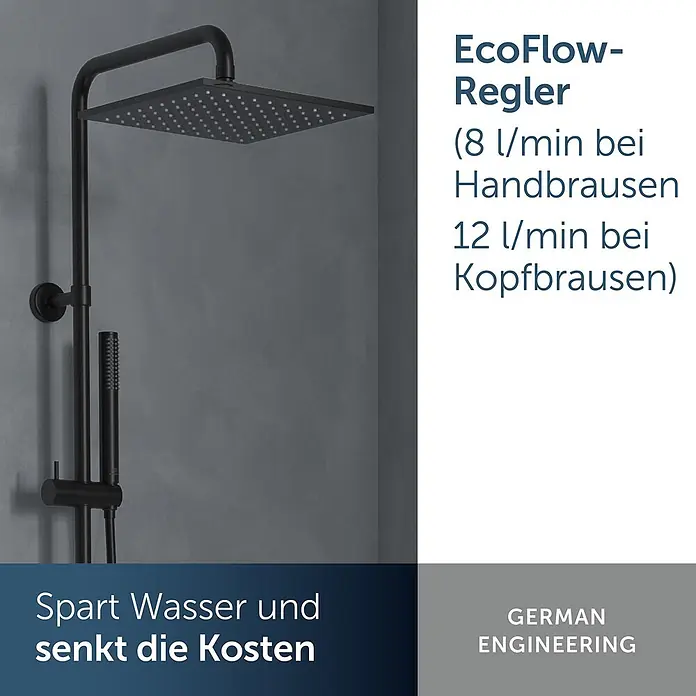 Ideal Standard Duschsystem - Anzahl Strahlarten: 2 Stk., Matt Schwarz - Schwarzes Duschsystem mit quadratischem Duschkopf und Handbrause. Spart Wasser und Kosten.