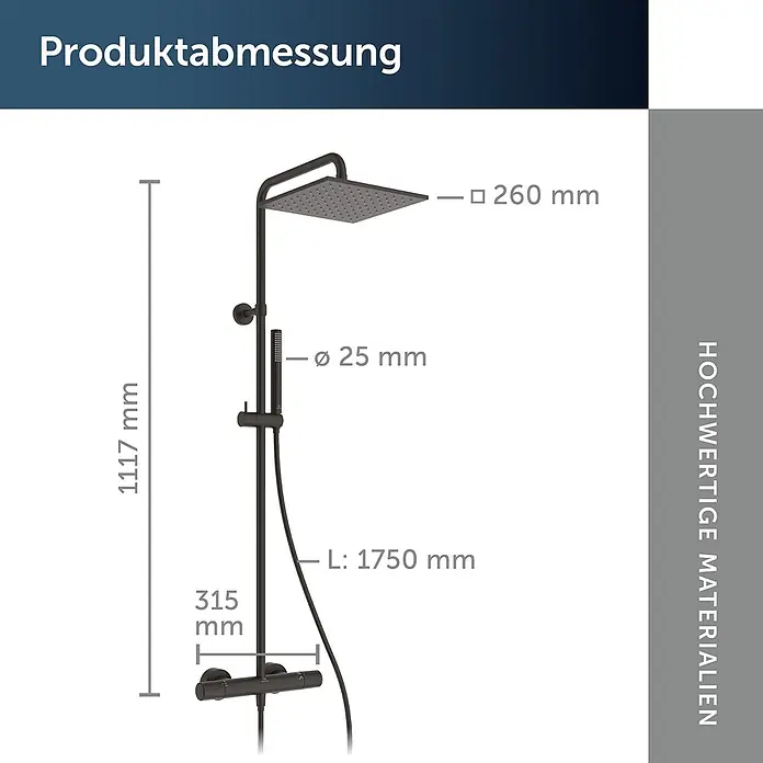 Ideal Standard Duschsystem - Anzahl Strahlarten: 2 Stk., Matt Schwarz - Mattschwarze Duschsäule mit quadratischer Kopfbrause und Handbrause.