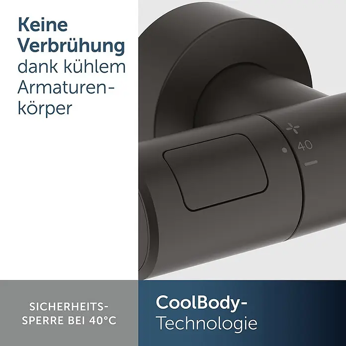Ideal Standard Duschsystem - Anzahl Strahlarten: 2 Stk., Matt Schwarz - Dunkelgrauer Armaturengriff mit Temperaturanzeige und Sicherheitsverriegelung bei 40°C, dank CoolBody-Technologie verbrühsicher.