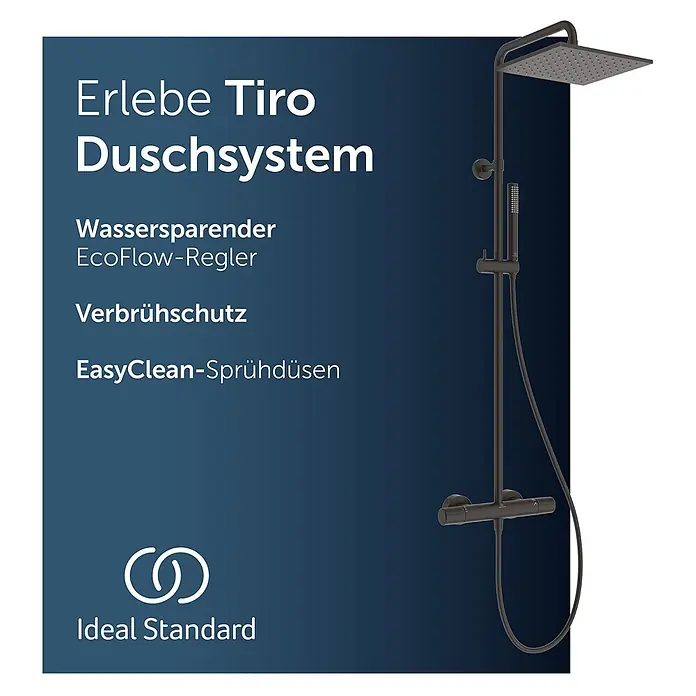 Ideal Standard Duschsystem - Anzahl Strahlarten: 2 Stk., Matt Schwarz - Mattes dunkelgraues Duschsystem mit quadratischem Kopfbrause, Handbrause und Thermostatmischer.