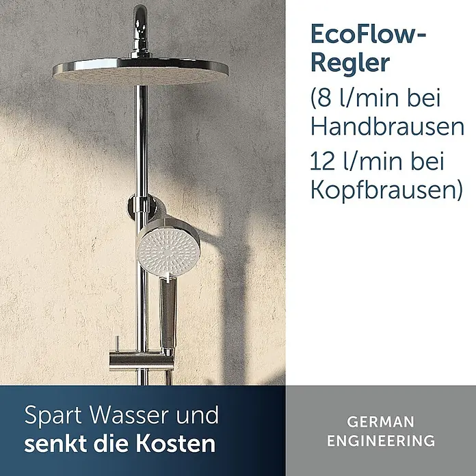 Ideal Standard Duschsystem - Anzahl Strahlarten: 2 Stk., Chrom - Verchromtes Duschsystem mit Kopf- und Handbrause; EcoFlow-Regler spart Wasser und Kosten.