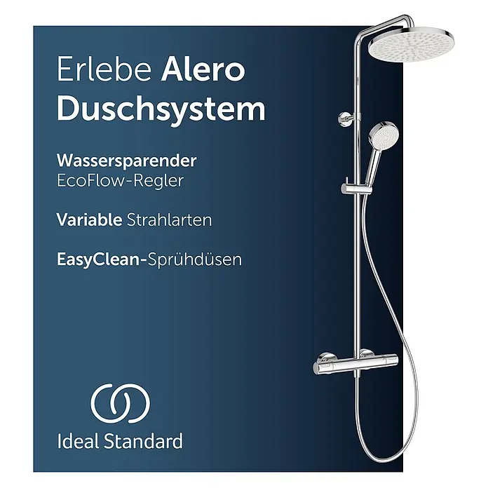 Ideal Standard Duschsystem - Anzahl Strahlarten: 2 Stk., Chrom - Chromfarbenes Alero Duschsystem mit Kopfbrause, Handbrause und Mischbatterie.