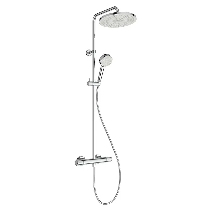 Ideal Standard Duschsystem - Anzahl Strahlarten: 2 Stk., Chrom - Duschsystem aus poliertem Chrom mit großer runder Kopfbrause, Handbrause an verstellbarer Stange und Thermostatmischer.