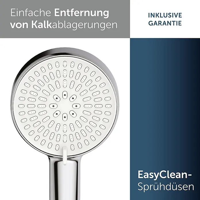 Ideal Standard Duschsystem - Anzahl Strahlarten: 2 Stk., Chrom - Nahaufnahme einer silbernen Duschbrause mit weißer Sprühplatte und flexiblen EasyClean-Düsen.
