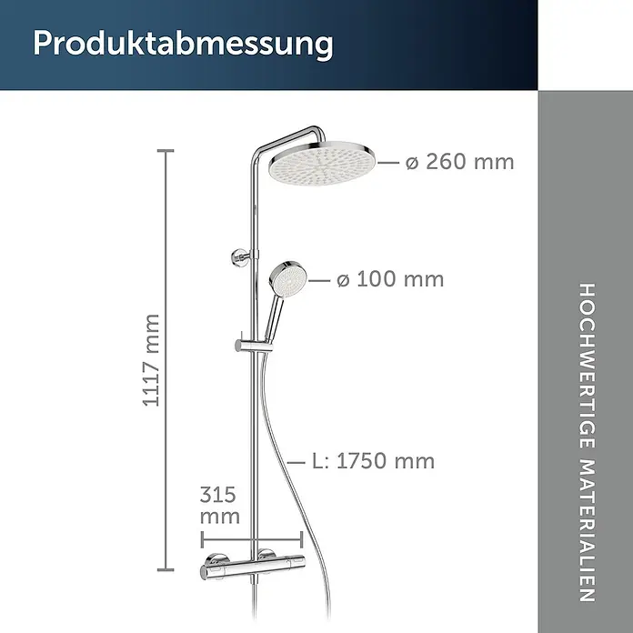 Ideal Standard Duschsystem - Anzahl Strahlarten: 2 Stk., Chrom - Verchromtes Duschsystem mit Brauseschlauch und den Maßen: Gesamthöhe 1117mm, Regenduschkopf Ø 260mm, Handbrause Ø 100mm.