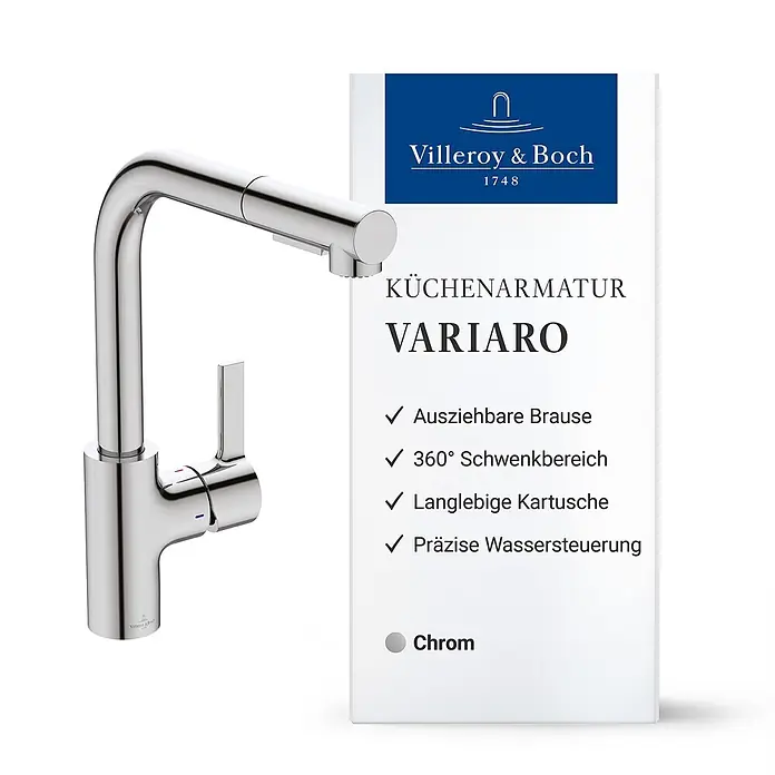Villeroy & Boch Spültischarmatur - Chrom, Hochglänzend - Verchromte Villeroy & Boch VARIARO Küchenarmatur mit Ausziehbrause und 360° Schwenkbereich.