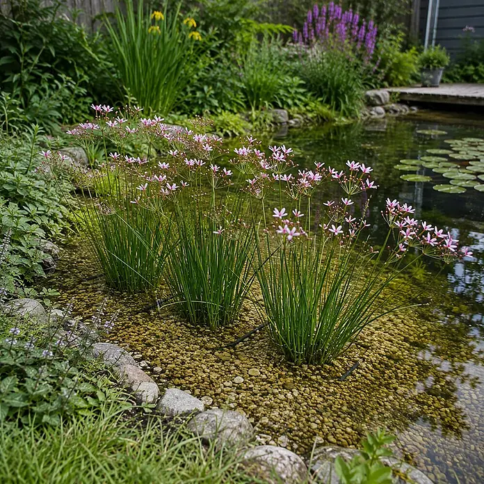 Schwanenblume Butomus Umbellatus Teich - 4 Pflanzen Set mit Korb & Substrat -  - Rosa blühende Wasserpflanzen mit schlanken grünen Stielen in einem Kiesbettteich mit sichtbaren schwarzen Bewässerungsrohren.