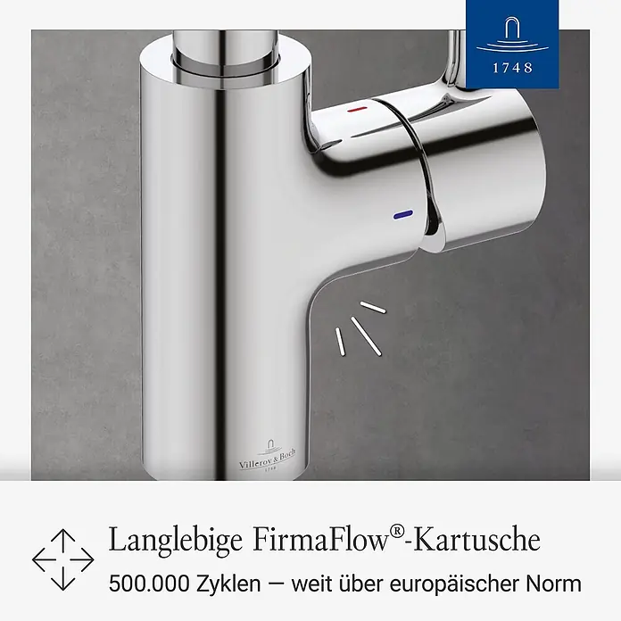 Villeroy & Boch Spültischarmatur - Chrom, Hochglänzend - Chrom-Wasserhahn mit Farbindikatoren, betont die langlebige FirmaFlow®-Kartusche für 500.000 Zyklen.