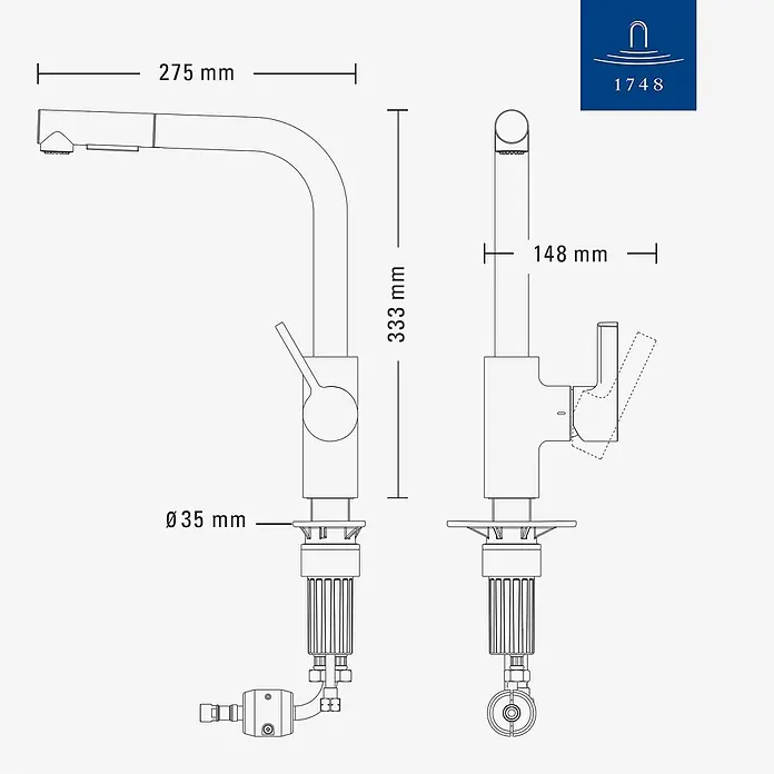 Villeroy & Boch Spültischarmatur - Chrom, Hochglänzend - Technische Zeichnung einer chromfarbenen Küchenarmatur mit Ausziehbrause, inklusive Maße.
