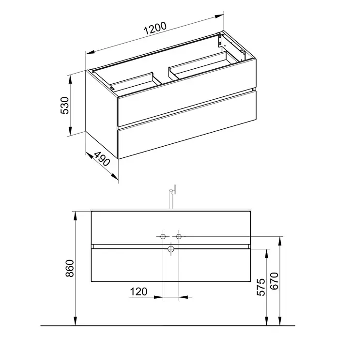 Keuco Badmöbel-Set 120 cm, mit Waschtisch und Unterbau, anthrazit/weiß - Gesamtbreite Badmöbel: 120,8 cm, Anthrazit/Weiß, Seidenmatt - Technische Zeichnung eines weißen Badunterschranks mit zwei Schubladen und detaillierten Maßen.