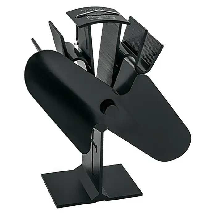 Admiral Ofenventilator - Stromlos, Betriebstemperatur: 60 °C - 345 °C - Ein schwarzer Kaminofenventilator mit vier Flügeln und einem Metallsockel. Er ist darauf ausgelegt, die Wärme im Raum zu verteilen.
