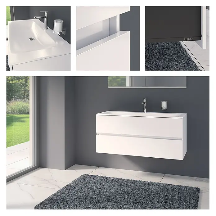 Keuco Badmöbel-Set 120 cm, mit Waschtisch und Unterbau, weiß - Gesamtbreite Badmöbel: 120,8 cm, Weiß, Seidenmatt - Weißer schwebender Badunterschrank mit integriertem Waschbecken, Chromarmatur und zwei Auszügen in modernem Bad.