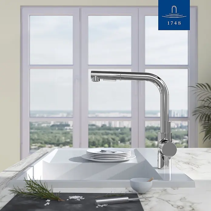 Villeroy & Boch Spültischarmatur - Chrom, Hochglänzend - Verchromte Küchenarmatur mit Ausziehbrause in einer modernen Spüle.