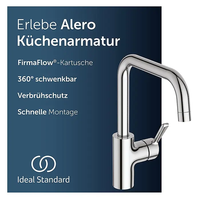 Ideal Standard Spültischarmatur - Chrom, Hochglänzend - Verchromte Einhebel-Küchenarmatur mit modernem, eckigem U-Auslauf.