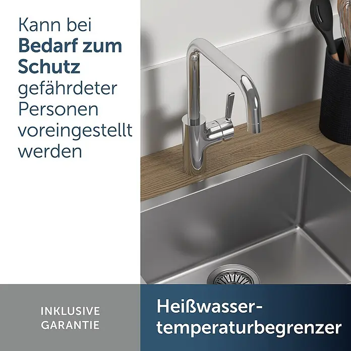 Ideal Standard Spültischarmatur - Chrom, Hochglänzend - Verchromte Küchenarmatur mit Edelstahlspüle, ausgestattet mit einem Heißwassertemperaturbegrenzer zur Sicherheit.
