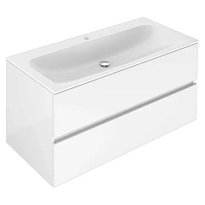 Keuco Badmöbel-Set 120 cm, mit Waschtisch und Unterbau, weiß - Gesamtbreite Badmöbel: 120,8 cm, Weiß, Seidenmatt - Weißer wandhängender Badunterschrank mit integriertem Waschbecken und zwei Schubladen.