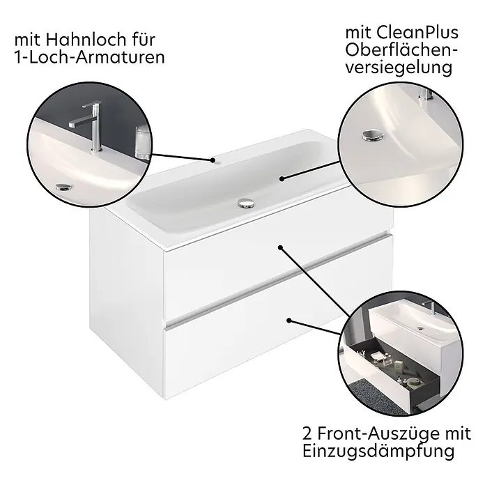 Keuco Badmöbel-Set 120 cm, mit Waschtisch und Unterbau, weiß - Gesamtbreite Badmöbel: 120,8 cm, Weiß, Seidenmatt - Weißer Badunterschrank mit integriertem Waschbecken, Einloch-Armatur und zwei gedämpften Auszügen.