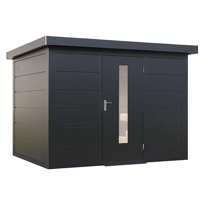 Wolff Finnhaus Gartenhaus Hakon Master Line - Außenmaß inkl. Dachüberstand (B x T): 324 x 272 cm, Metall, Anthrazit - Dunkelgraues, modernes Gartenhaus mit Flachdach, Tür mit Glaspaneel und horizontaler Verkleidung.