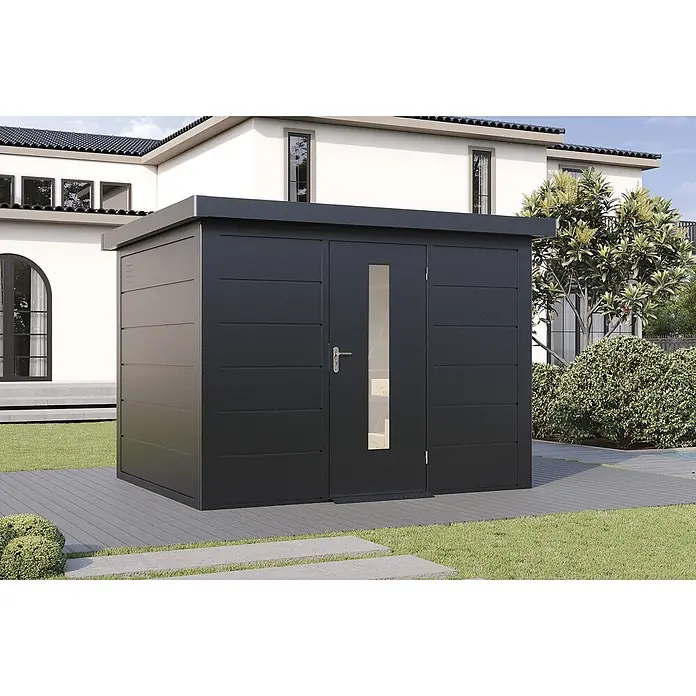 Wolff Finnhaus Gartenhaus Hakon Master Line - Außenmaß inkl. Dachüberstand (B x T): 324 x 272 cm, Metall, Anthrazit - Modernes anthrazitfarbenes Metall-Gartenhaus mit Flachdach und verglaster Tür, auf einer Terrasse im Garten.