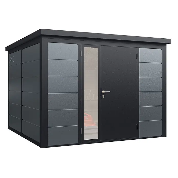 Wolff Finnhaus Gartenhaus Ulrik Prime Line - Außenmaß inkl. Dachüberstand (B x T): 300 x 300 cm, Metall, Felsgrau - Moderner, dunkelgrauer Metall-Gartenschuppen mit Flachdach, horizontalen Paneelen und schmalem Glastüreinsatz.