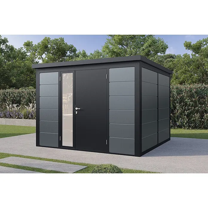 Wolff Finnhaus Gartenhaus Ulrik Prime Line - Außenmaß inkl. Dachüberstand (B x T): 300 x 300 cm, Metall, Felsgrau - Moderner, dunkelgrauer Gartenhaus mit Flachdach, Glastürpaneel und horizontalen Strukturelementen im Garten.