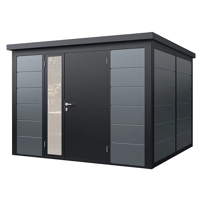 Wolff Finnhaus Gartenhaus Ulrik Prime Line - Außenmaß inkl. Dachüberstand (B x T): 300 x 300 cm, Metall, Felsgrau - Modernes anthrazitfarbenes Gartenhaus aus Metall mit Glaspaneel-Tür und Flachdach für den Außenbereich.