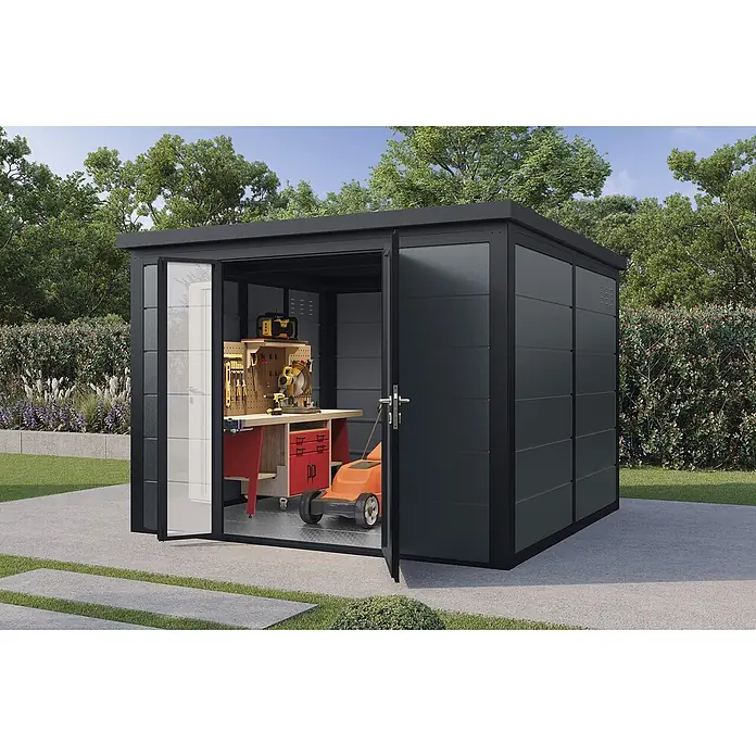 Wolff Finnhaus Gartenhaus Ulrik Prime Line - Außenmaß inkl. Dachüberstand (B x T): 300 x 300 cm, Metall, Felsgrau - Moderner, dunkelgrauer Gartenhaus mit geöffneten Türen, zeigt Werkbank, Werkzeuge und Rasenmäher. Ideal für Lagerung und Werkstatt.