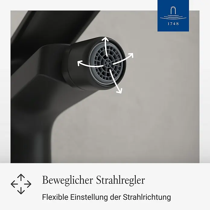 Villeroy & Boch Thermostatarmatur - Breite: 4,5 mm, Matt Black, Matt - Schwarzer Wasserhahn-Strahlregler mit beweglichem Innenmechanismus, angezeigt durch weiße Pfeile.