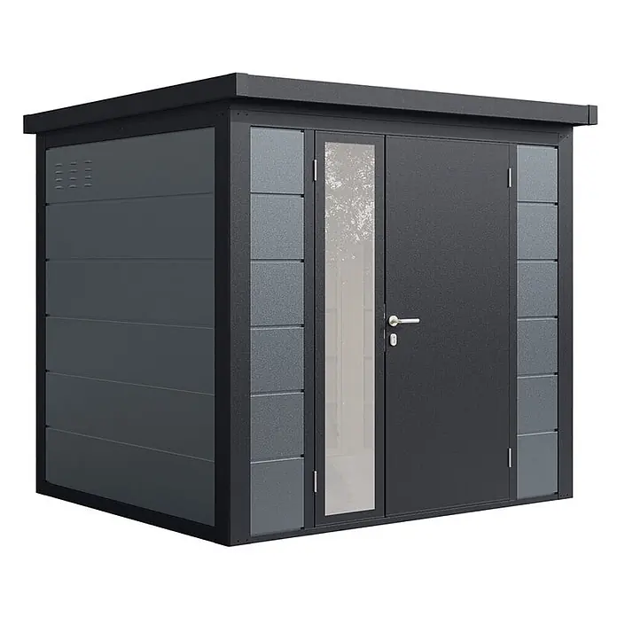 Wolff Finnhaus Gartenhaus Ulrik Prime Line - Außenmaß inkl. Dachüberstand (B x T): 240 x 220 cm, Metall, Felsgrau - Moderner dunkelgrauer Geräteschuppen mit Flachdach, horizontaler Verkleidung und Doppeltür, eine davon mit vertikaler Glasscheibe.