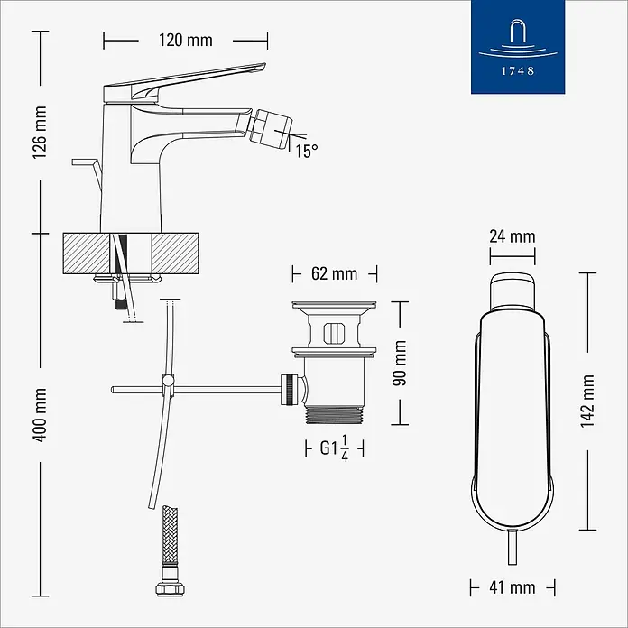 Villeroy & Boch Thermostatarmatur - Breite: 4,5 mm, Matt Black, Matt - Technische Zeichnung eines Bidet-Wasserhahns mit Abmessungen, einschließlich Ablaufgarnitur und Anschlussschlauch.