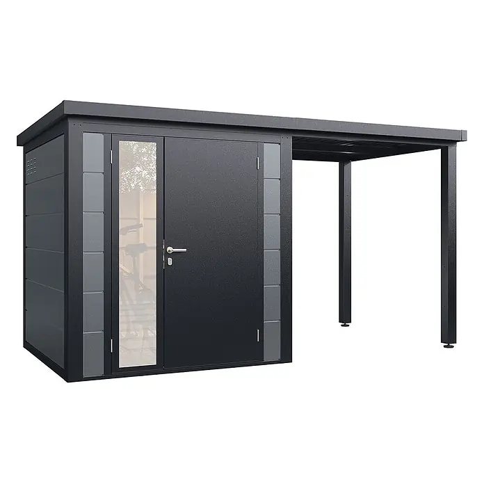 Wolff Finnhaus Gartenhaus Linnea Prime Line - Außenmaß inkl. Dachüberstand (B x T): 400 x 220 cm, Metall, Felsgrau - Dunkelgrauer Metall-Geräteschuppen mit integriertem Carport und Doppeltüren, eine davon mit Glas.
