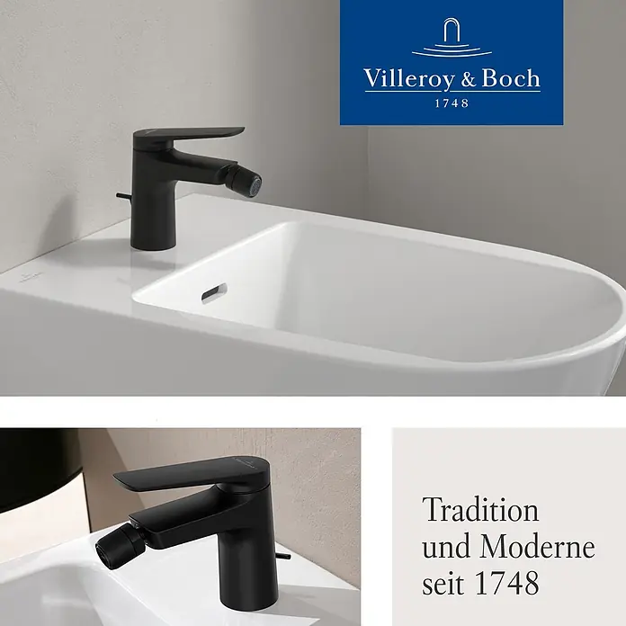 Villeroy & Boch Thermostatarmatur - Breite: 4,5 mm, Matt Black, Matt - Weißes Bidet mit einer modernen, mattschwarzen Bidetarmatur.