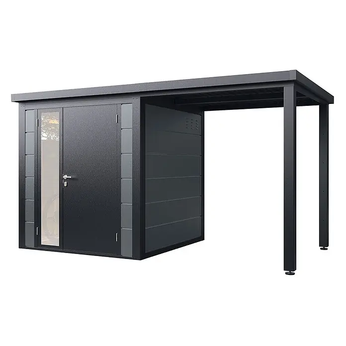Wolff Finnhaus Gartenhaus Linnea Prime Line - Außenmaß inkl. Dachüberstand (B x T): 400 x 220 cm, Metall, Felsgrau - Anthrazitfarbener Metall-Gartenschuppen mit Tür mit Glaspanel und integriertem offenem Carport.
