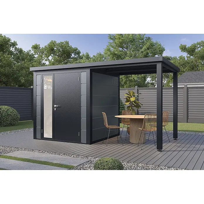 Wolff Finnhaus Gartenhaus Linnea Prime Line - Außenmaß inkl. Dachüberstand (B x T): 400 x 220 cm, Metall, Felsgrau - Dunkelgraues Gartenhaus aus Metall mit angebauter Pergola, bietet Stauraum und schattigen Sitzbereich.