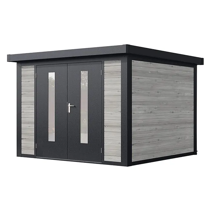Wolff Finnhaus Gartenhaus Henrik Master Line - Außenmaß inkl. Dachüberstand (B x T): 324 x 332 cm, Holz, Grau - Moderner dunkelgrauer Geräteschuppen mit hellgrauer Holzoptikverkleidung und verglasten Doppeltüren.