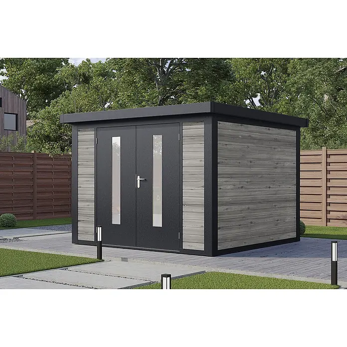 Wolff Finnhaus Gartenhaus Henrik Master Line - Außenmaß inkl. Dachüberstand (B x T): 324 x 332 cm, Holz, Grau - Modernes Gartenhaus mit dunkelgrauen Türen und hellgrauer Holzverkleidung im Garten.