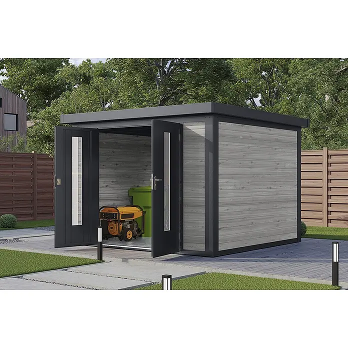 Wolff Finnhaus Gartenhaus Henrik Master Line - Außenmaß inkl. Dachüberstand (B x T): 324 x 332 cm, Holz, Grau - Moderner Gartenhaus mit dunkelgrauem Rahmen und grauer Holzoptikverkleidung, Doppeltüren geöffnet mit Generator und Mülltonne.