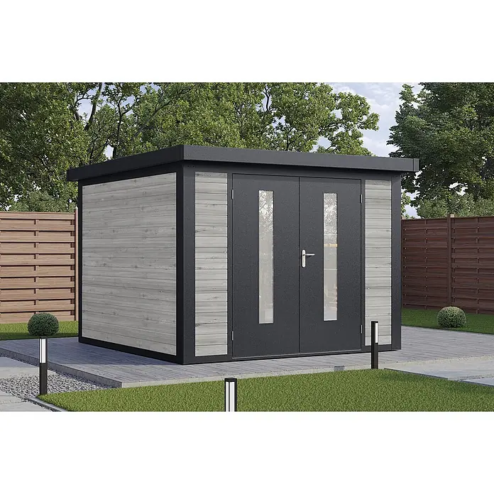 Wolff Finnhaus Gartenhaus Henrik Master Line - Außenmaß inkl. Dachüberstand (B x T): 324 x 332 cm, Holz, Grau - Modernes Gartenhaus mit dunkelgrauen Doppeltüren und Glaseinsätzen, grau-holzfarbenen Paneelen, in einem Garten mit Pflasterung und Zäunen.