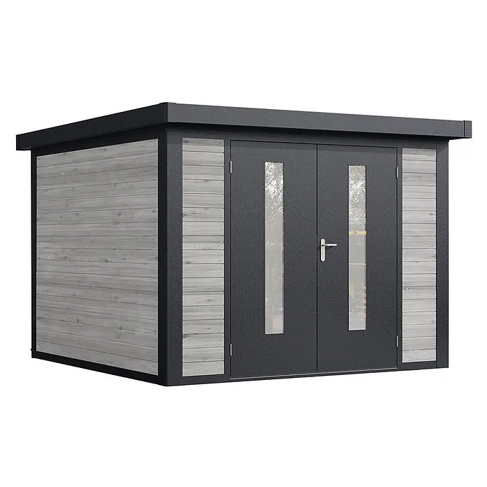Wolff Finnhaus Gartenhaus Henrik Master Line - Außenmaß inkl. Dachüberstand (B x T): 324 x 332 cm, Holz, Grau - Modernes dunkelgraues Gartenhaus mit hellgrauer Holzverkleidung und Doppeltüren mit vertikalen Glaseinsätzen.