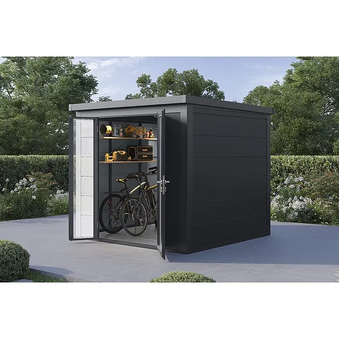 Wolff Finnhaus Gartenhaus Ulrik Prime Line - Außenmaß inkl. Dachüberstand (B x T): 240 x 247 cm, Metall, Anthrazit - Dunkelgrauer Metall-Gartenschuppen mit offener Tür, in dem Werkzeuge und Fahrräder gelagert werden.