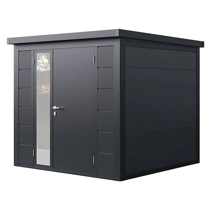 Wolff Finnhaus Gartenhaus Ulrik Prime Line - Außenmaß inkl. Dachüberstand (B x T): 240 x 247 cm, Metall, Anthrazit - Dunkelgraues Metall-Gartenhaus mit Flachdach und Doppeltür, eine mit vertikalem Fenster. Ideal zur Aufbewahrung im Freien.