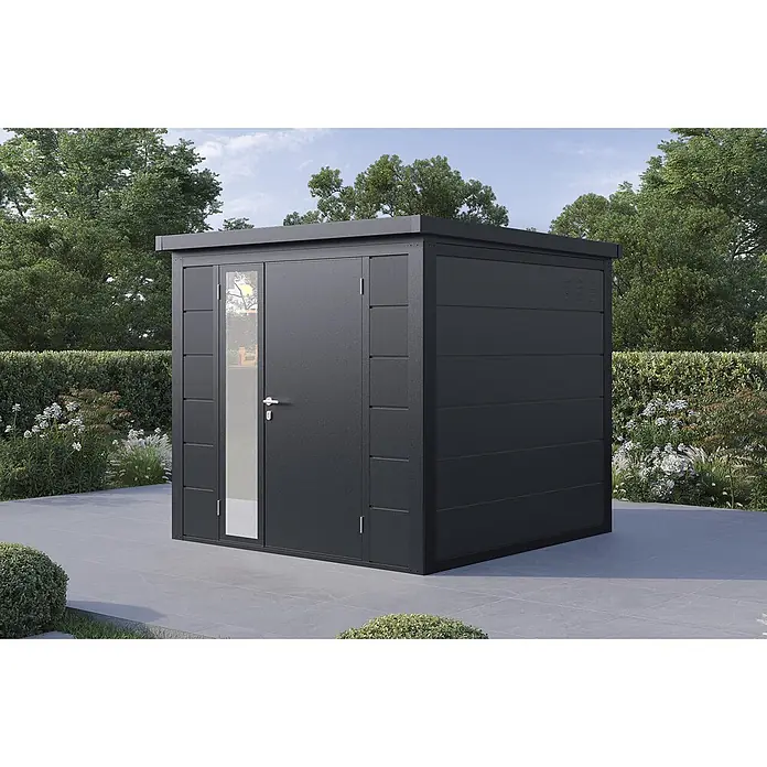 Wolff Finnhaus Gartenhaus Ulrik Prime Line - Außenmaß inkl. Dachüberstand (B x T): 240 x 247 cm, Metall, Anthrazit - Anthrazitfarbener Gartenschuppen mit Flachdach und Glastür, auf einer gepflasterten Terrasse im Garten.