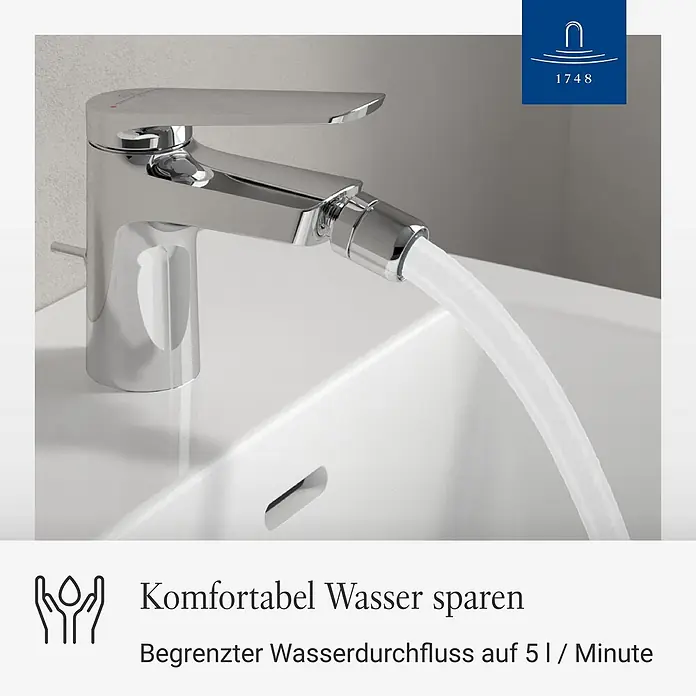 Villeroy & Boch Thermostatarmatur - Breite: 4,5 mm, Chrom, Hochglänzend - Verchromter Wasserhahn mit Bidet-Brause, der Wasser in ein weißes Waschbecken spendet, mit Wassersparfunktion (5L/Min).