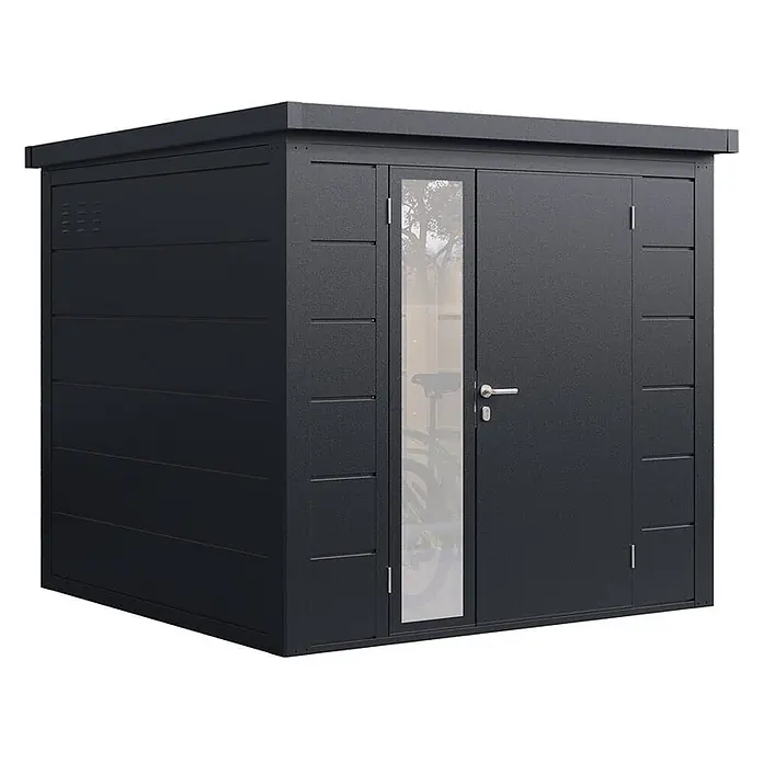 Wolff Finnhaus Gartenhaus Ulrik Prime Line - Außenmaß inkl. Dachüberstand (B x T): 240 x 247 cm, Metall, Anthrazit - Dunkelgraues Metall-Gartenhaus mit Flachdach und Doppeltür, eine Tür mit Glasscheibe zeigt ein Fahrrad.