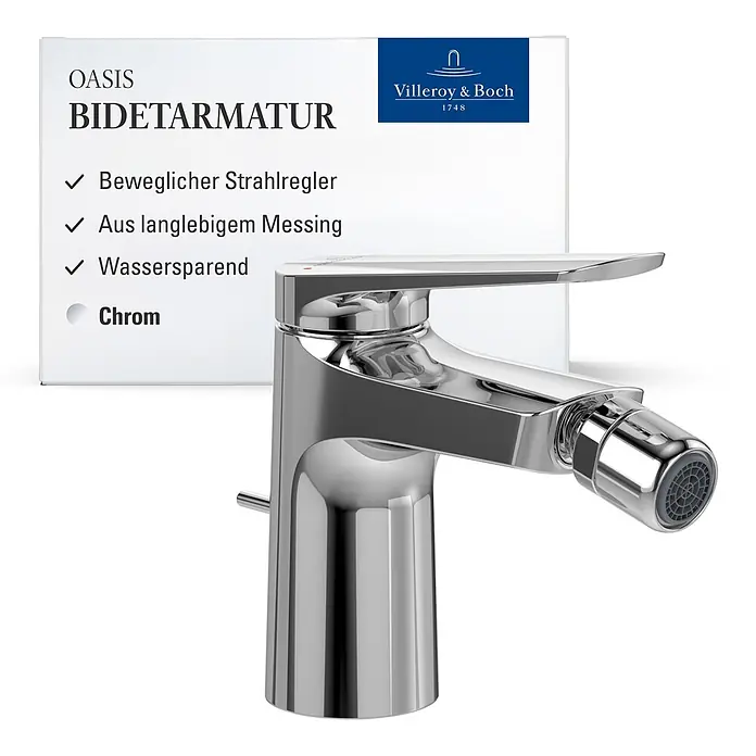 Villeroy & Boch Thermostatarmatur - Breite: 4,5 mm, Chrom, Hochglänzend - Verchromte Bidetarmatur von Villeroy & Boch Oasis mit beweglichem Strahlregler und Wassersparfunktion.