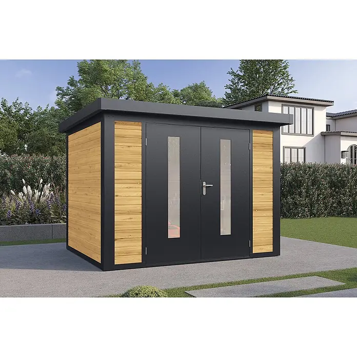 Wolff Finnhaus Gartenhaus Henrik Master Line - Außenmaß inkl. Dachüberstand (B x T): 324 x 272 cm, Holz, Kiefer - Moderner Gartenhaus mit dunkelgrauem Rahmen, heller Holzverkleidung und Doppeltüren mit vertikalen Glaspaneelen im Garten.